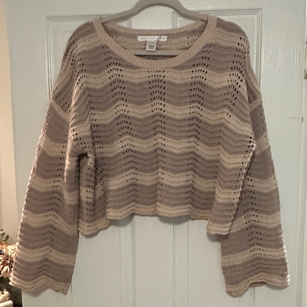 Altar'd State Beige and Cream Open-Knit Scoop Neck Sweater